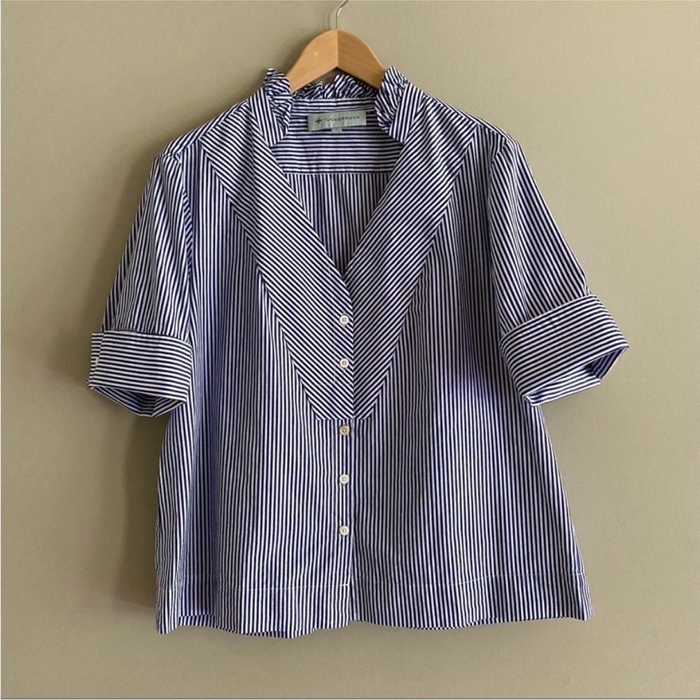 Tuckernuck A-Line Blue & White Striped Shirt Blouse, Ruffle Collar, Size L, EUC